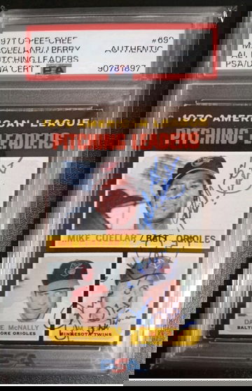 1971 o-pee-chee leaders #69 Mike Cuellar Jim Perry PSA Auto Pop 1 