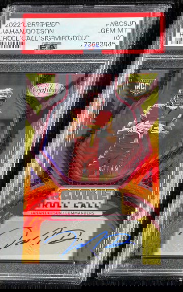 Jahan Dotson 2022 Panini Certified Rookie Roll Call Signatures Mirror Gold #13/15 #RCS-JD PSA Gem Mint 10