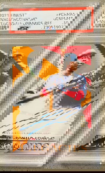 2021 Topps Finest Legacies #FLA-RAJ Ronald Acuna Hank Aaron /25 Orange Auto Card