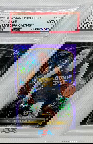 2022 Bowman University Purple Mini Diamond Refractor 1st Bowman #50 Caitlin Clark Rookie #399/399 PSA 9