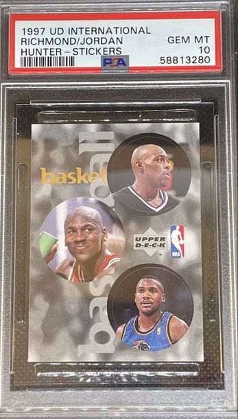 1997 Upper Deck UD International Sticker Mitch Richmond Michael Jordan Chicago Bulls Lindsey Hunter PSA 10 Gem Mint