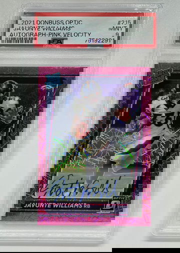 2021 Donruss Optic Javonte Williams Pink Velocity Auto /50 PSA 9