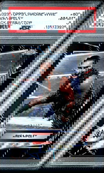 2025 Topps Chrome WWE Black Refractor Rhea Ripley #80 /10 PSA 8