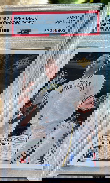 1992 Upper Deck Retire Insert card Larry Bird Magic Johnson PSA 8 Lakers Celtics