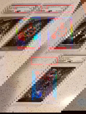 2018-19 Optic Holo and Blue Prizm #/299 Trae Young Rookie Card LOT OF 3 - PSA 9