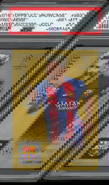 2016 Topps UCL Showcase Steadied Success Gold Lionel Messi /50 PSA 8.5