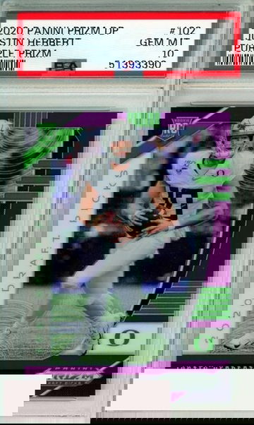 2020 PANINI PRIZM DRAFT PICKS JUSTIN HERBERT #102 PURPLE PRIZM RC PSA 10 GEM MT