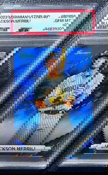 JACKSON MERRILL 2023 BOWMAN STERLING PROSPECTS BLUE REFRACTOR /25 PSA 10 