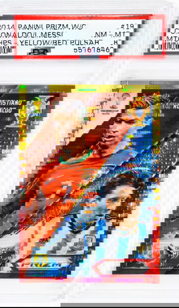 2014 Cristiano Ronaldo Lionel Messi Panini Prizm World Cup Matchups Yellow Red Pulsar #19 PSA 8