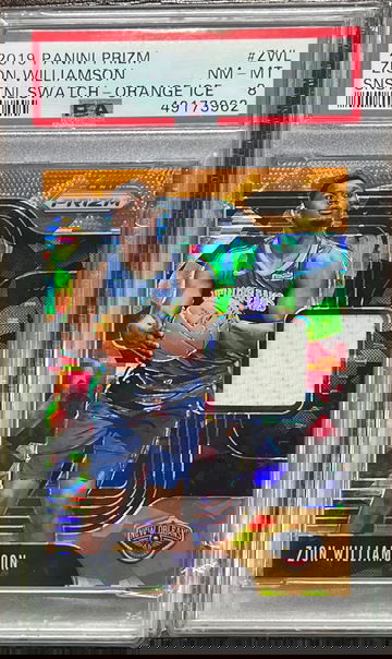 2019 ZION WILLIAMSON PANINI PRIZM SENSATIONAL ROOKIE ORANGE ICE JERSEY PSA 8