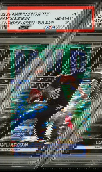 2020 Contenders Optic Lamar Jackson MVP Green Pulsar /27 PSA 10