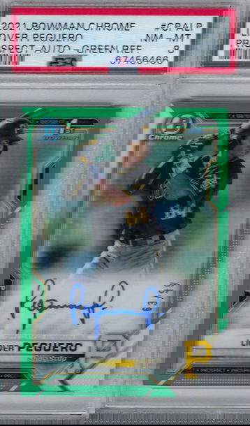 2021 BOWMAN CHROME PROSPECT AUTOGRAPHS LIOVER PEGUERO #CPALP PROSPECT AUTO-GREEN REF. PSA 8