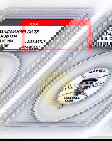 1934  QUAKER OATS BABE RUTH BB CLUB PIN PSA 8