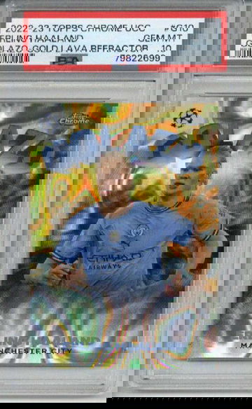 2022-23 TOPPS CHROME UCC GOLAZO GOLD LAVA REFRACTOR ERLING HAALAND PSA 10