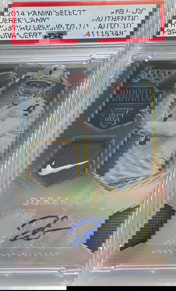 2014 Derek Carr select 1/1 rookie patch auto 
