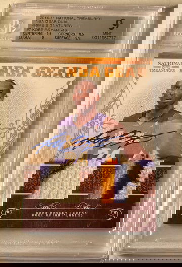 2010-11 NATIONAL TREASURES KOBE BRYANT NBA GEARD DUAL PATCH AUTO /49 BGS 9