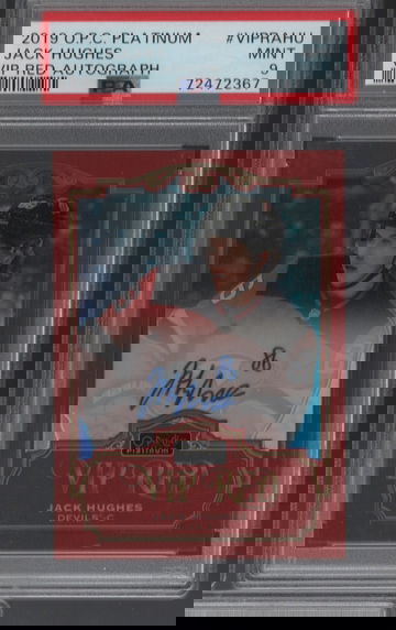 2019 OPC Platinum Jack Hughes VIP Red Rookie Autograph #d 6/10 PSA 9 MInt SSP!