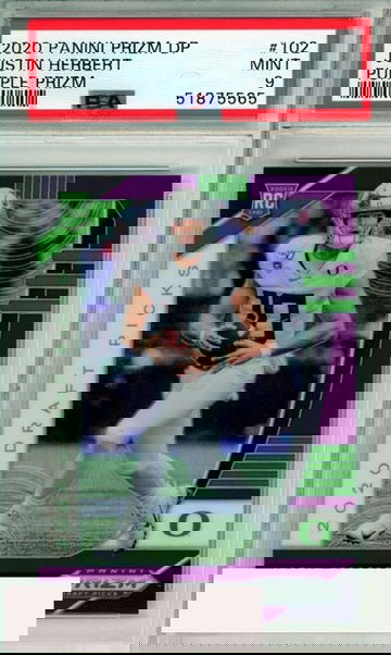 2020 PANINI PRIZM DRAFT PICKS JUSTIN HERBERT #102 PURPLE PRIZM ROOKIE PSA 9 MINT