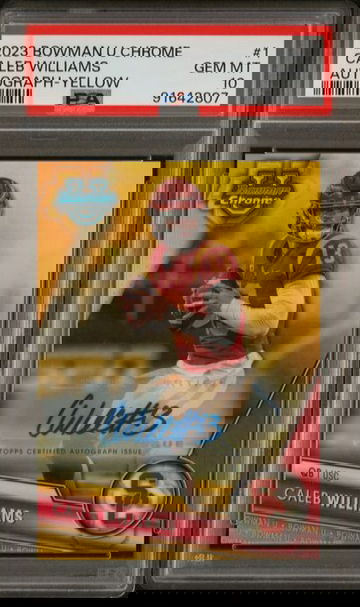 2023 Bowman Chrome University Caleb Williams Yellow Refractor Auto /75 Rookie Card PSA 10
