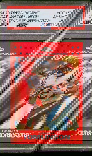 2007 LADAINIAN TOMLINSON TOPPS CHROME TD17 RED REFRACTOR #/10 PSA 8 FT.A1.03