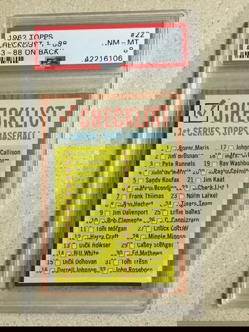 1962 Topps #22 Checklist 1-88 PSA 8 NM-MT #33-88 ON BACK 1st SERIES