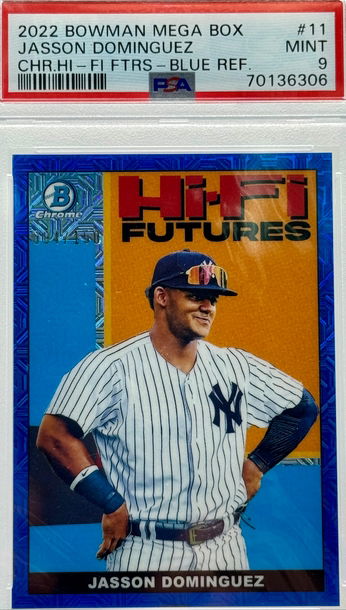2022 BOWMAN MEGA BOX JASSON DOMINGUEZ CHR.HI - FI FTRS - BLUE REF/150 #11 PSA 9 MINT