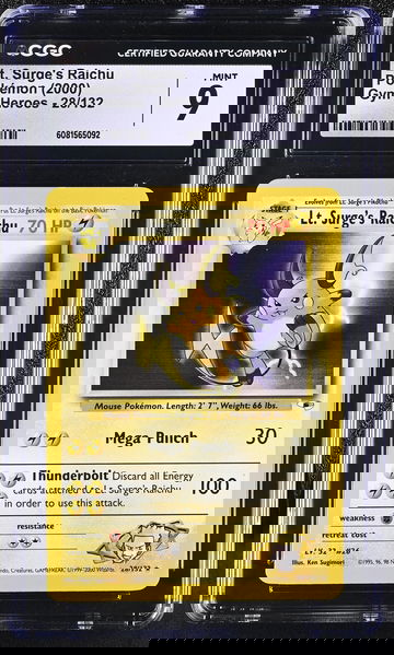 2000 Pokémon Gym Heroes Lt. Surge's Raichu #28/132 Non-Holo CGC 9