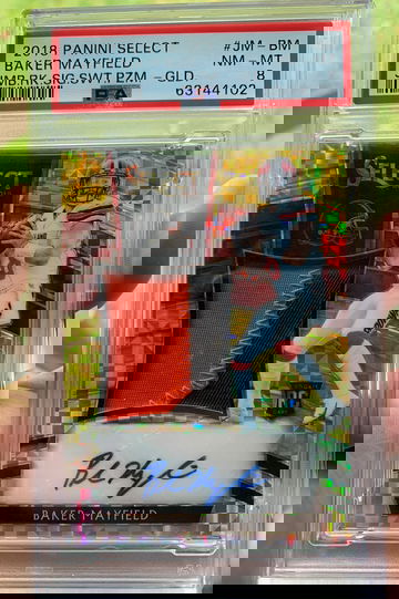 Baker mayfield 2018 select gold rookie patch auto /10 psa 8
