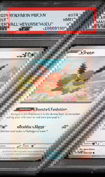 2025 Pokemon Prismatic Evolutions Master Ball Reverse Holo Eevee #74 /126869190 PSA 9