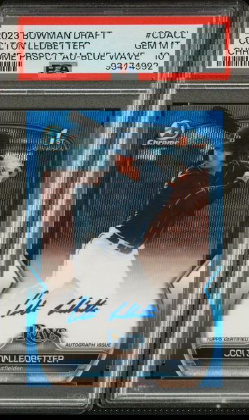 2023 BOWMAN COLTON LEDBETTER DRAFT CHROME PROSPECT AUTOGRAPH CHROME PRSPCT AU-BLUE WAVE #CDACL PSA 10  BS.B3.05