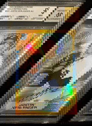 2005 Bowman Chrome #331, Justin Verlander GOLD Auto RC Refractor /0, BGS 9 10 