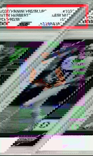 2020 PANINI PRIZM DRAFT PICKS JUSTIN HERBERT #102 PURPLE PRIZM RC PSA 10 GEM MT