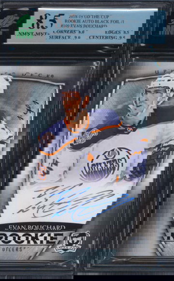 2018-19 The Cup #109 Evan Bouchard Rookie Black Foil Auto 1 of 1 MNT 8.5