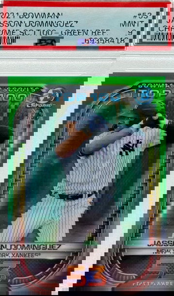 2021 BOWMAN JASSON DOMINGUEZ CHROME SC.T100 - GREEN REF/98 #53 PSA 9 MINT