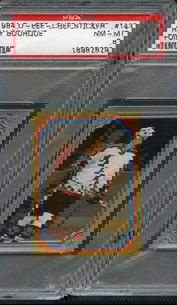 1984 O-PEE-CHEE STICKER #143 RAY BOURQUE PSA 8