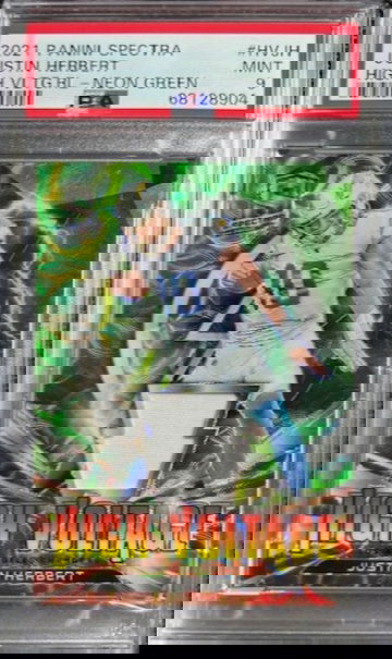 2021 Panini Spectra JUSTIN HERBERT High Voltage PATCH GREEN NEON PRIZM /35 PSA 9