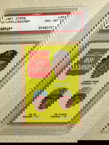 1962 Topps #58 NL Win Leaders PSA 8 NM-MT JOE JAY JIM O’TOOLE WARREN SPAHN HOF