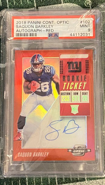 2018 Panini Contenders Optic Saquon Barkley Autograph Red Prizm Rookie Ticket #’d /99  PSA 9 Mint
