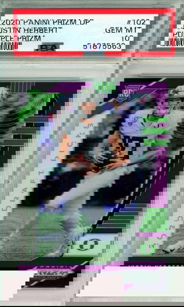 2020 PANINI PRIZM DRAFT PICKS JUSTIN HERBERT #102 PURPLE PRIZM RC PSA 10 GEM MT