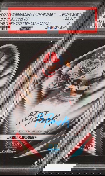 2023 BOWMAN UNIVERSITY CHROME FUTURE OF FOOTBALL AUTO BROCK BOWERS OF 50 PSA 9