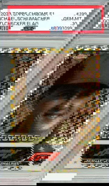 2023 TOPPS CHROME FORMULA 1 MICHAEL SCHUMACHER #199 GOLD CHECKER FLAG PSA 10 GEM MT