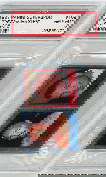 1987 Panini Supersport UK- FOIL Mike Tyson/M. Hagler #109 PSA 8