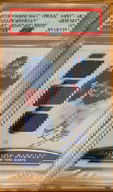 2018 Panini National Treasures Saquon Barkley Rookie NFL Gear Trios Patch Auto PSA 10