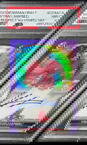 2023 Kristian Campbell Pros Bowman Chrome 1st Auto Purple Refractor /250 PSA 9