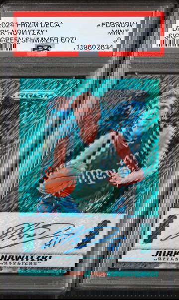 2024 Panini Prizm Deca Signatures Green Shimmer Fotl Dirk Nowitzki #PDSNOW /15 PSA 9