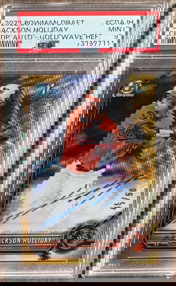 JACKSON HOLLIDAY 2022 Bowman Chrome 1st Gold Wave RC 45/50 AUTO PSA 9 