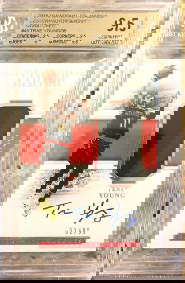 TRAE YOUNG 2018-19 NATIONAL TREASURES RPA CLUTCH FACTOR JERSEY AUTO /99 BGS 9.5