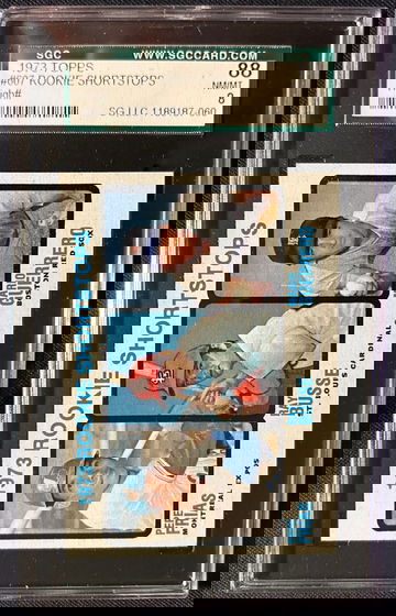 1973 Topps #607, SGC 8, Rookie Shortstops (Pepe Frias, Ray Busse, Mario Guerrero)