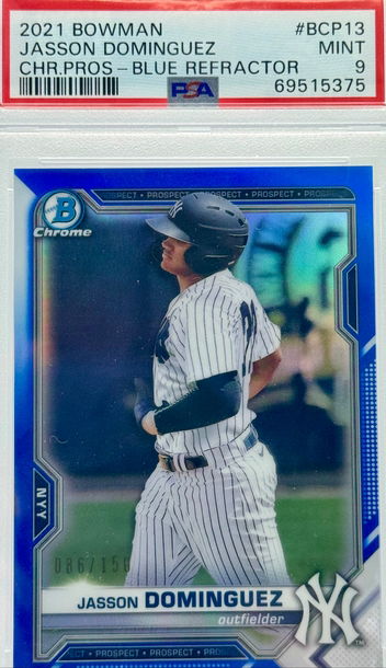 2021 BOWMAN JASSON DOMINGUEZ CHR.PROS - BLUE REFRACTOR/150 #ВСР13 PSA 9 MINT