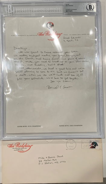 Washington Redskins Football Team Letter from Brad Edwards to NYPD The Seven Five Michael Dowd signed w/ envelope